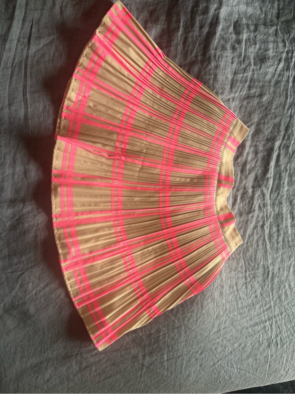 Foreign Exchange Beige and Neon Pink Plaid Pleated Skirt